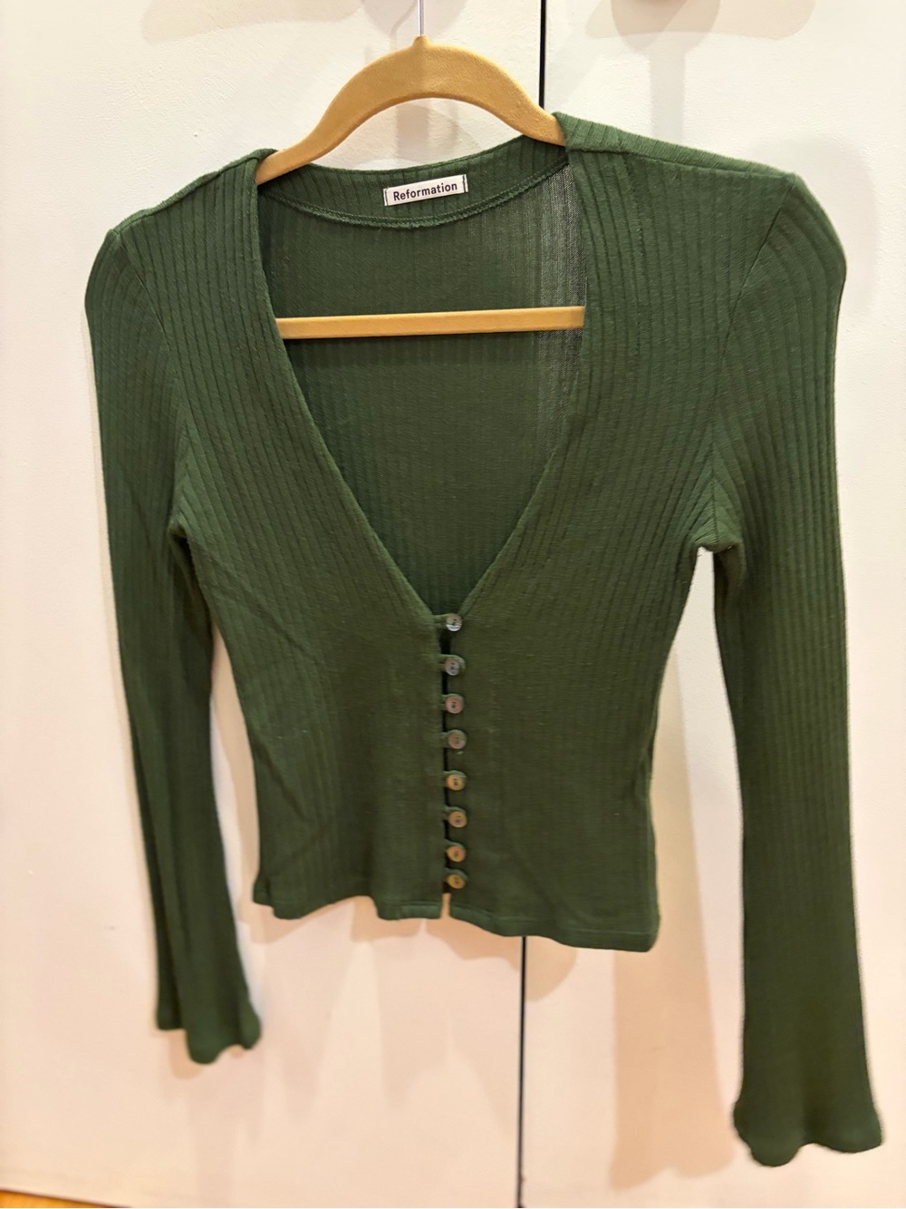Reformation Olive Green Ribbed Button-Up V-Neck Top